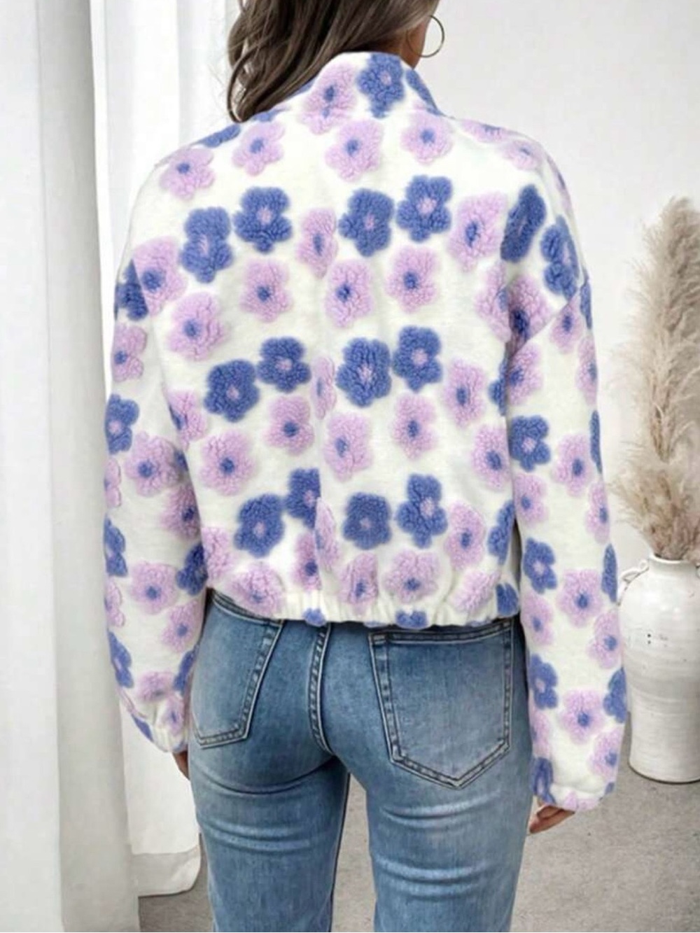 Floral Teddy Cropped Jacket - White with Lilac & Blue Flowers